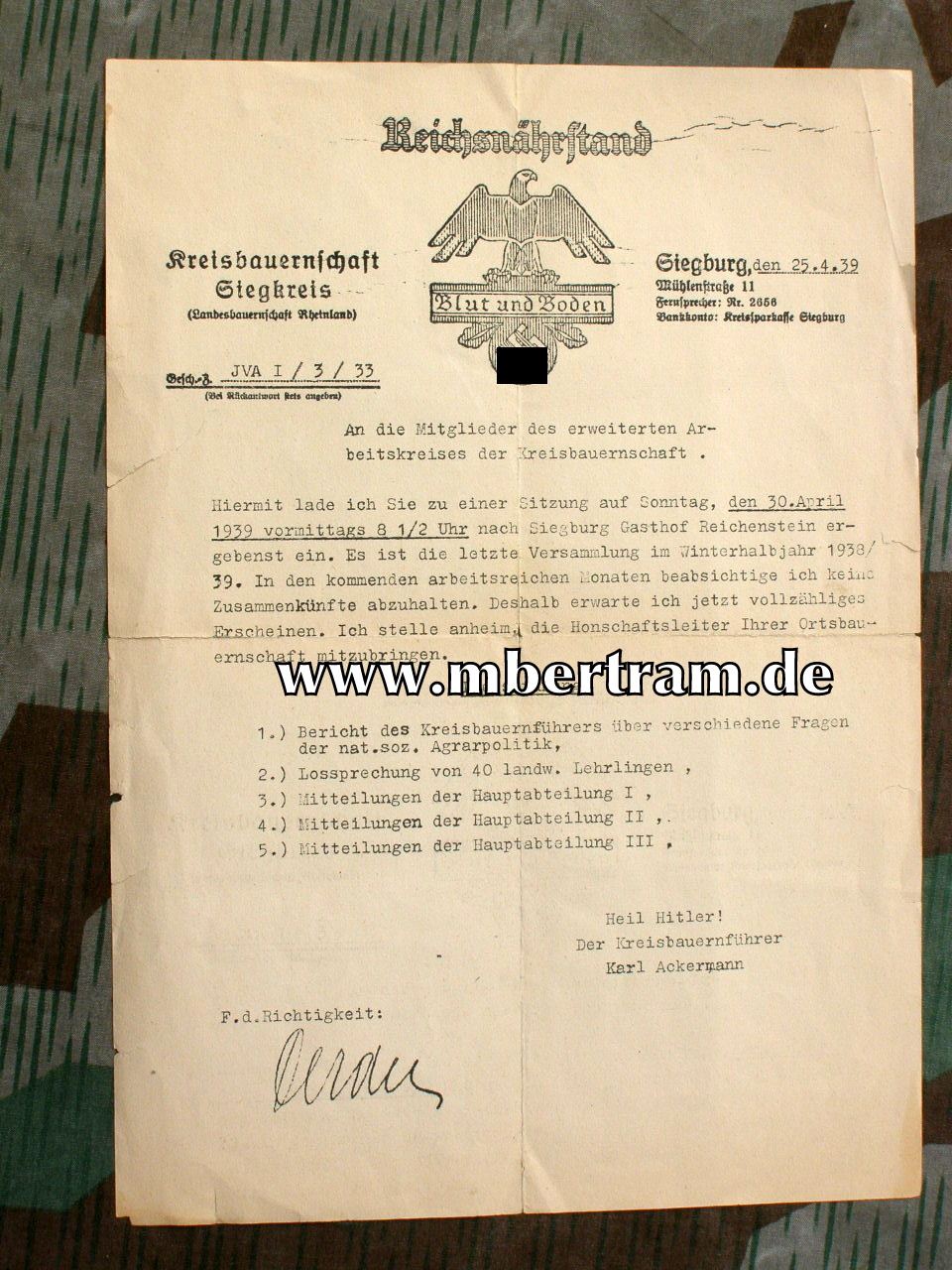 Einladung Arbeitskreis Kreisbauernschaft Siegkreis 25.4.1939