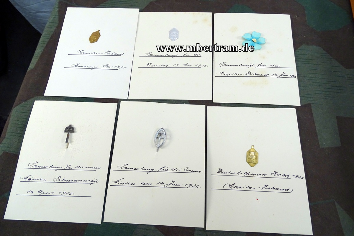 6 Spendenbelege Caritas u. Innere Mission, Papierblume 1936, 5x Blech 1934/35/36
