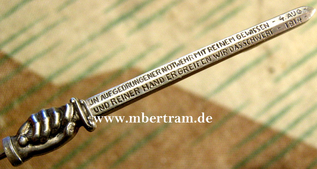 Krawattennadel 800er Silber, Schwert mit Devise 4.08.1914