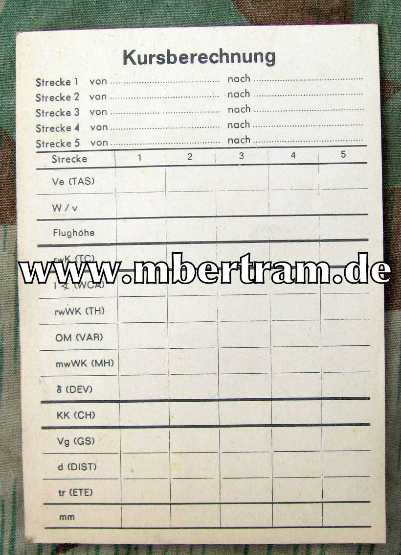 Luftwaffe Blankoblock / Formular zur Kursberechnung