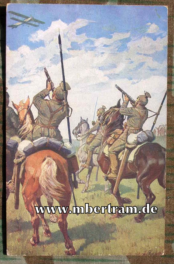 Berittene Ulanen bei Fliegerabwehr mit Karabiner", gelaufen