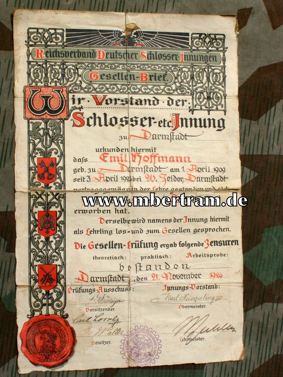 Schmuckurkunde 1926, Gesellenbrief Autoschlosser