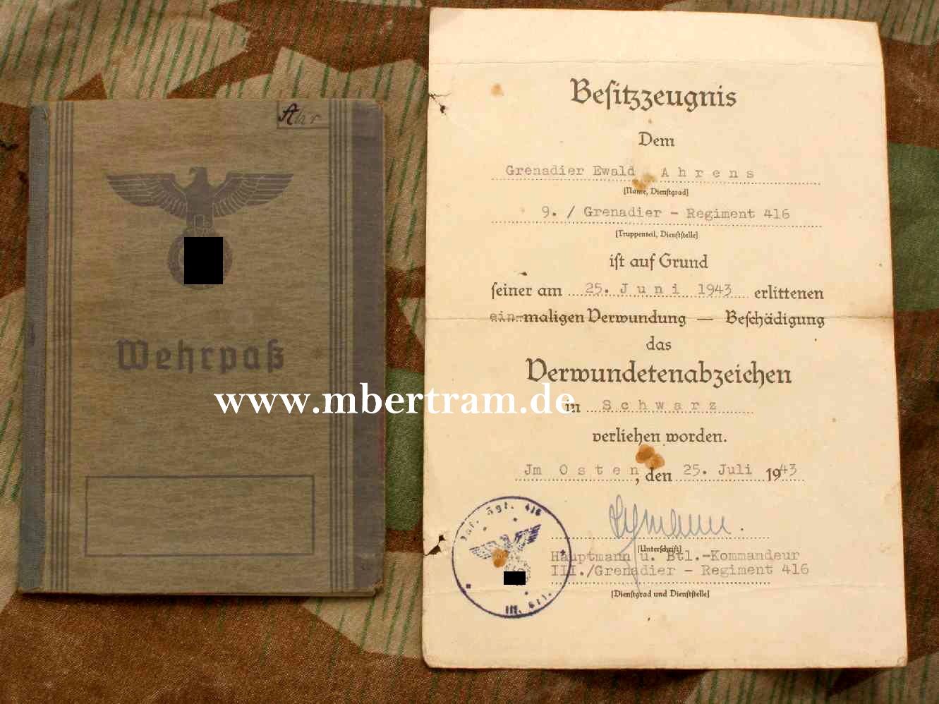 Wehrpass, Urkunde Verw.Abz., 9.Gren.Rgt.416. Dänem., Russ.