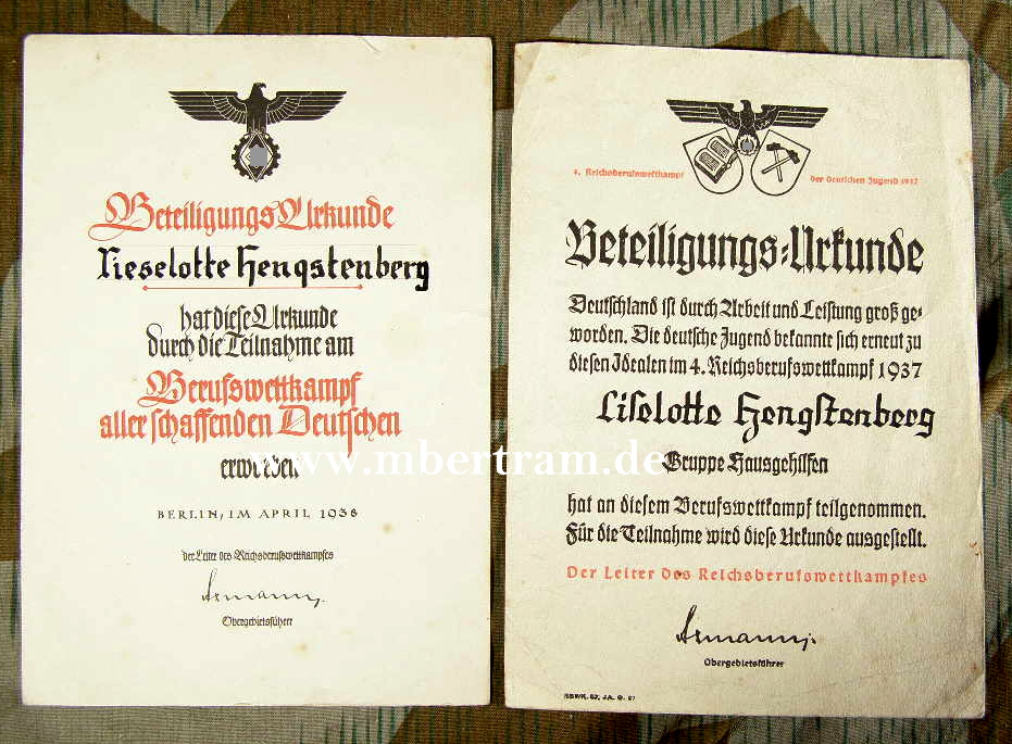 2 Schmuckurkunden Beteiligung am Reichsberufswettkampf