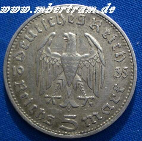 5 Reichsmark, Kunstvolle Originalmünze 30/40er Jahre