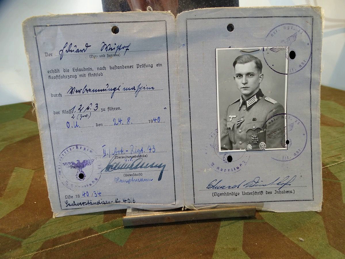 WH Führerschein Leutnant Eduard W. 6.Batt. 2. Art. Rgt. 73, 1940 , Kl. 1,2, 3