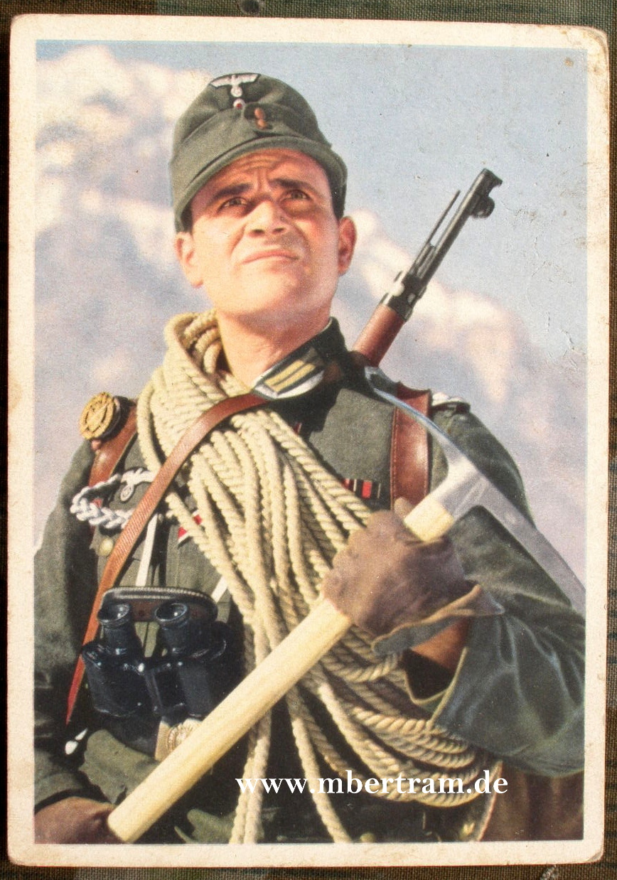 Farbige Propaganda Fotopostkarte, Geb. Jger mit Eispickel