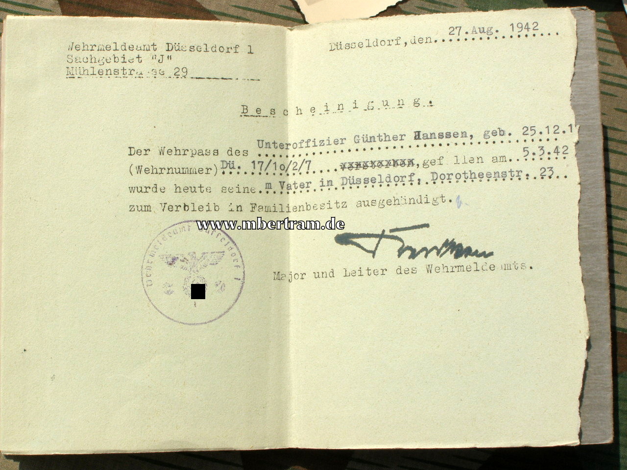 11385-15 Dokumente: 1. Inf. Rgt. 39 , Nachr. Zug, Düsseldorf, EK 2....