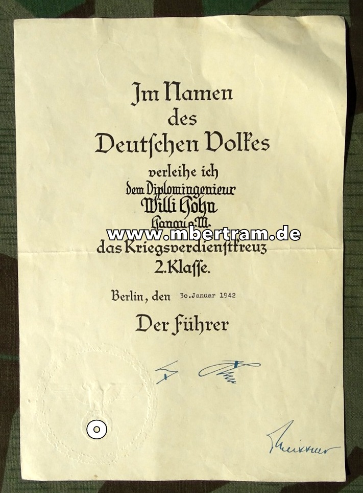 DinA 4 Schmuckurkunde für Kriegsverdienstkreuz 2. Klasse 1939 ohne Schwerter