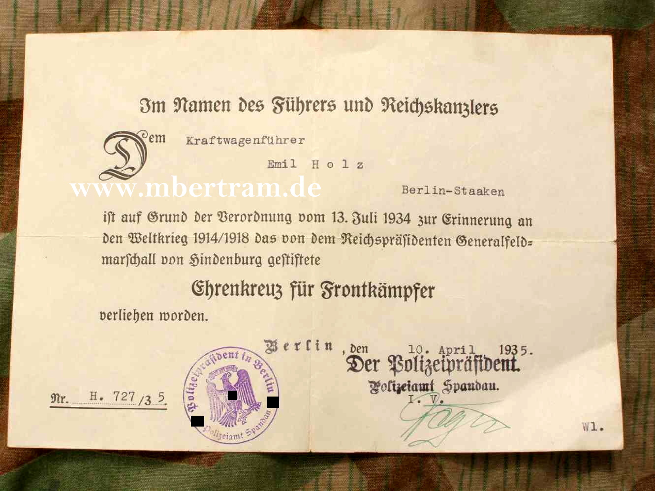 Urkunde für Ehrenkreuz für Frontkämpfer, Spandau 1935