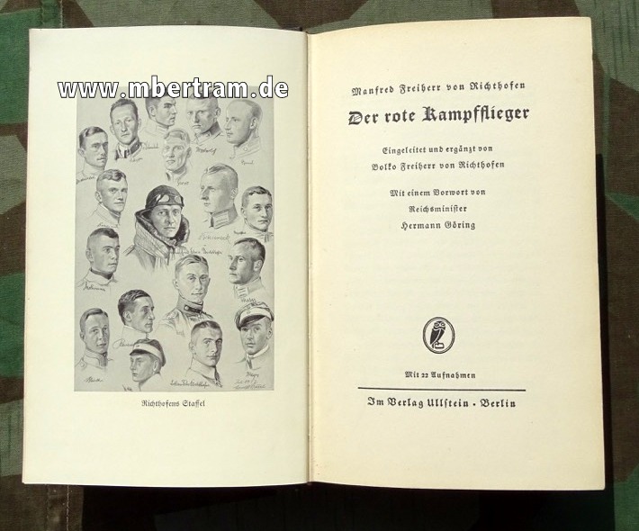 Richthofen: Der rote Kampfflieger. Berlin 1933. Mit 22 Aufn., 262 Seiten.