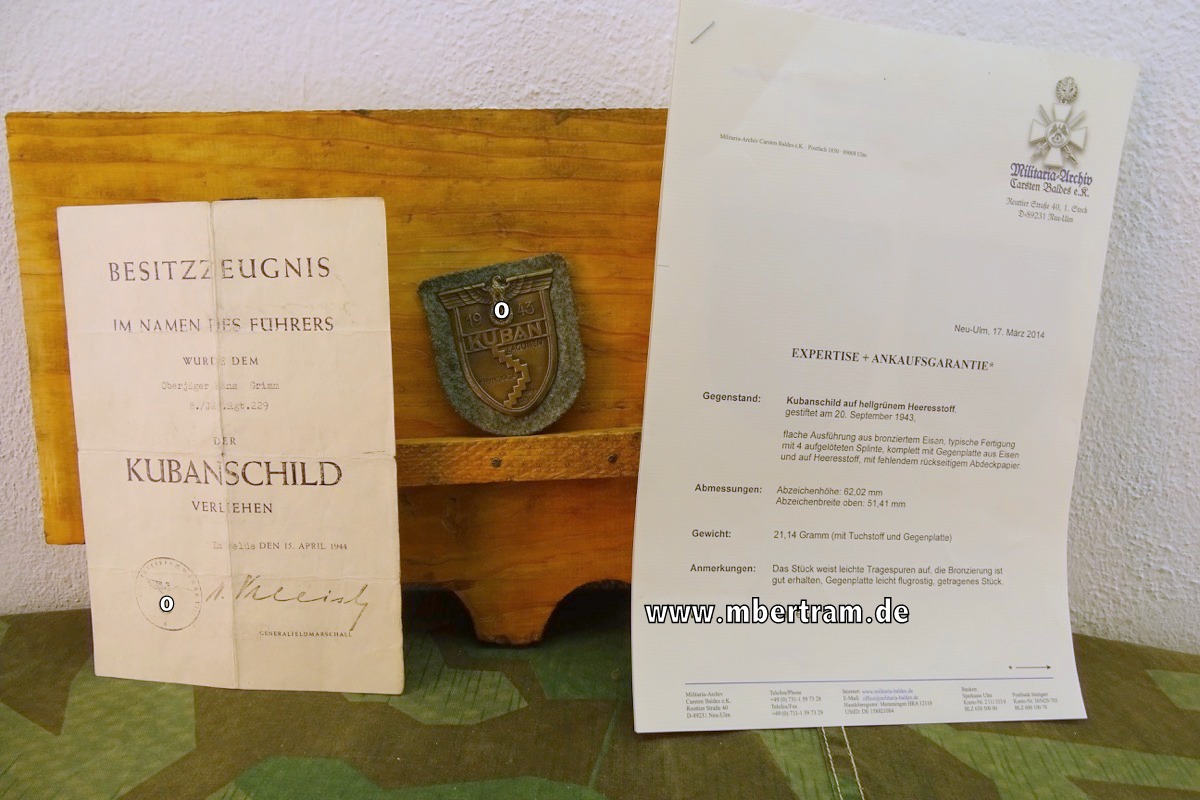Urkunden und Orden- der Kubanschild 1943, 8. Jäger Rgt. 229 mit Expertise