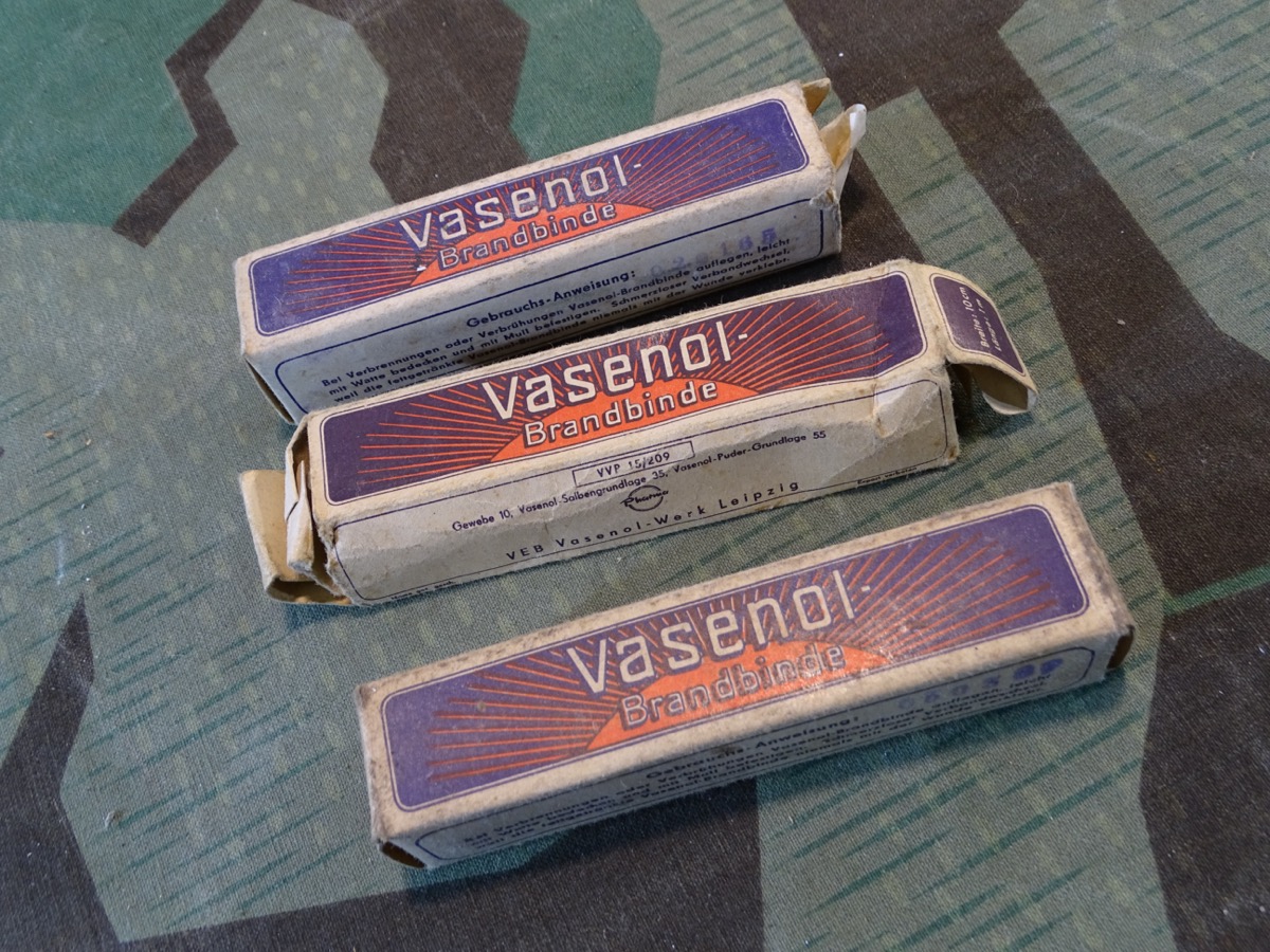 3 Stück Vasenol Brandbinden, frühe Nachkriegszeit, Kermes Hainichen, Vasenol Leipzig