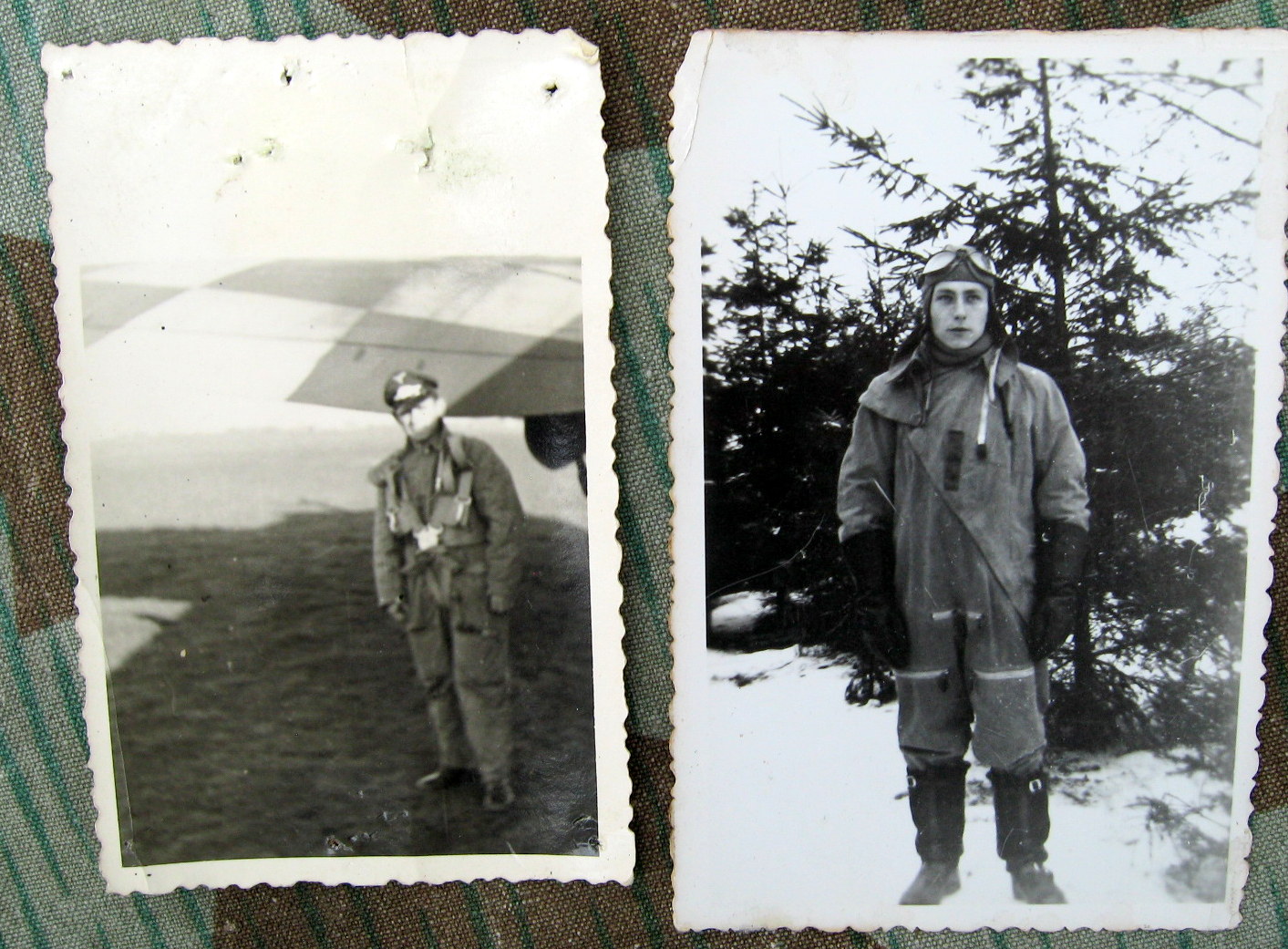 2 Fotos LW Flieger in Flugkombi mit Kopfhaube, 6x9