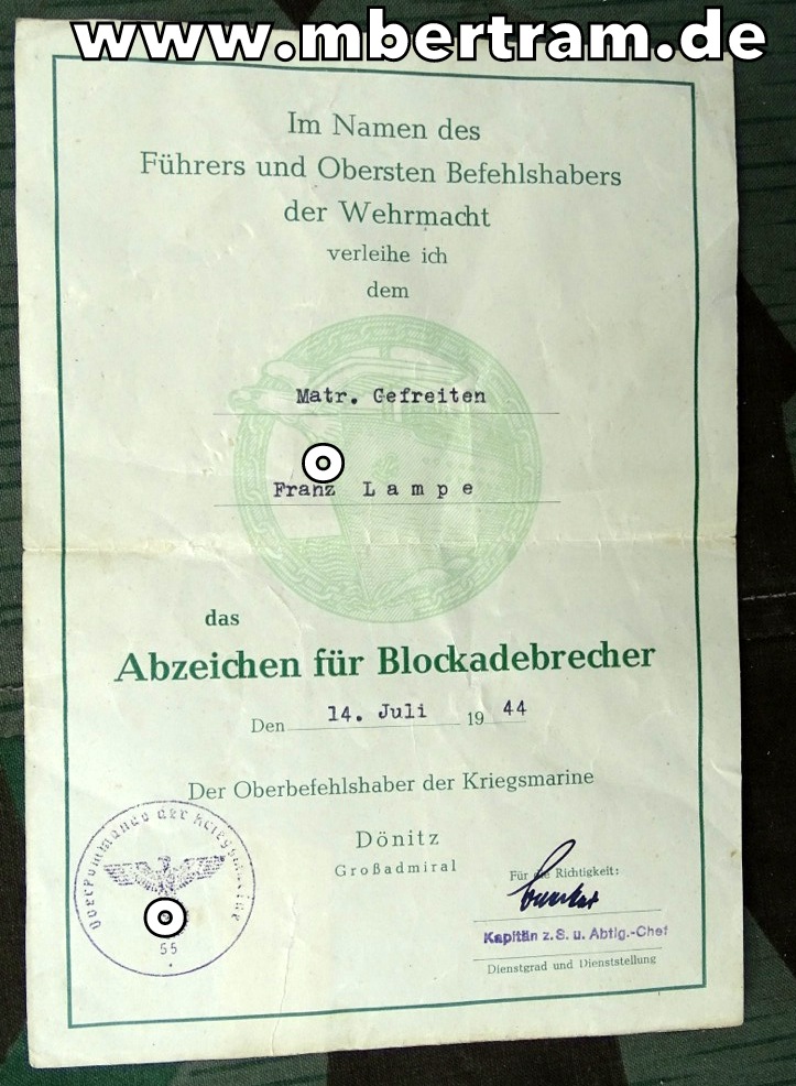 Urkunde für das Abzeichen für Blockadebrecher vom 14.07.44