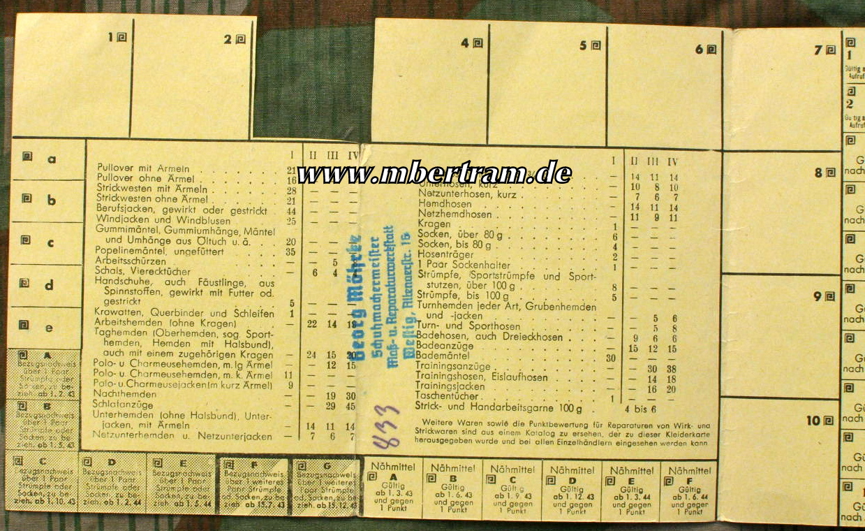 Vierte Reichskleiderkarte vom 1.3.1944, fast vollständig