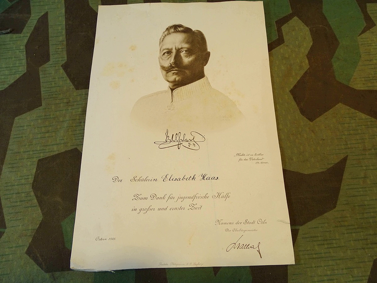Urkunde des preussischen Staates für die Schülerin E.Haas für "Jugendfrische Hülfe" Cöln 1915