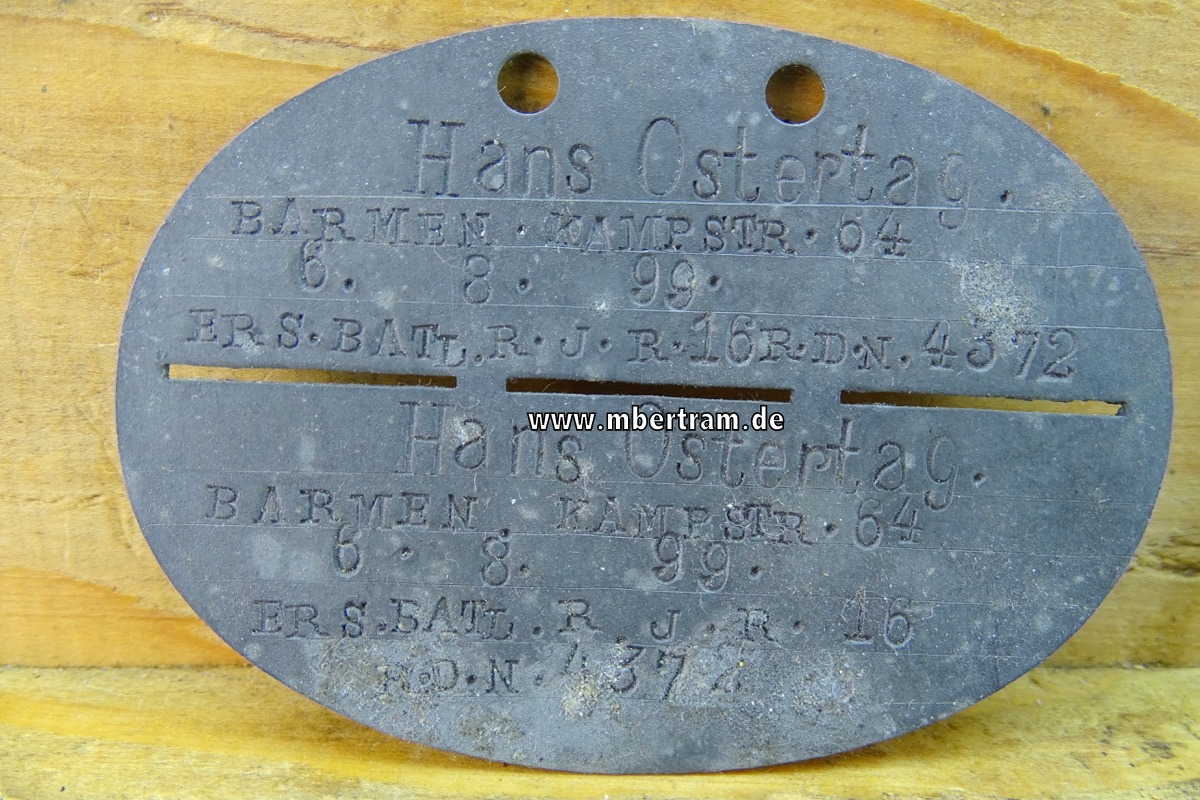 Erkennungsmarke, 1. Weltkrieg, Hans O.  aus Wpt. Barmen, Inf. Rgt. 16