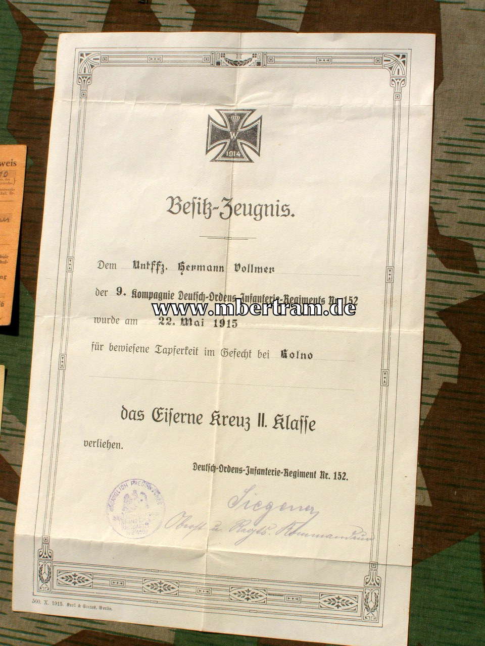 Urkunde EK 2 1914, 9.Kp. Deutsch-Ordens-Inf. Rgt. Nr. 152,