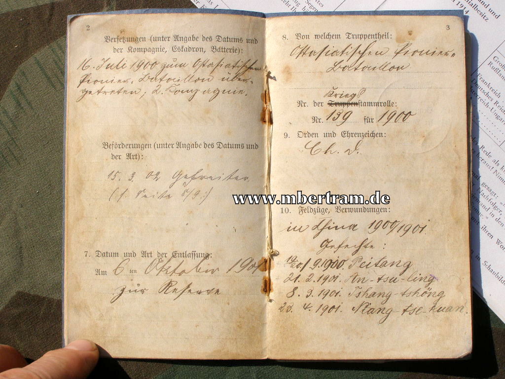13619-3 Militärpass Ostasiatisches Expeditionskorps 1902" SELTEN !