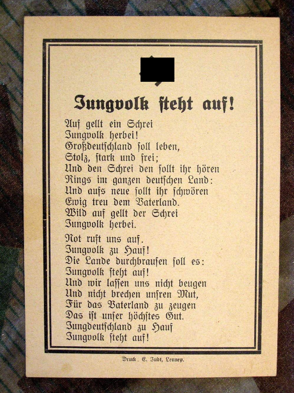 Propaganda Postkarte mit Liedabdruch "Jungvolk steht auf"