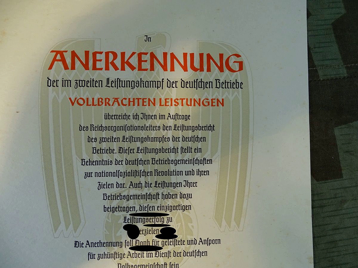 Große Schmuck Anerkennungs Urkunde für die Leistungen im 2 Leistungskampf der deutschen Betriebe