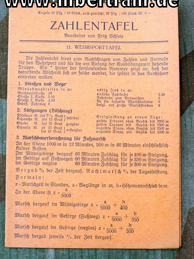 Eine Wehrsporttafel Nr. 22 "Zahlentafel" der Wehrmacht