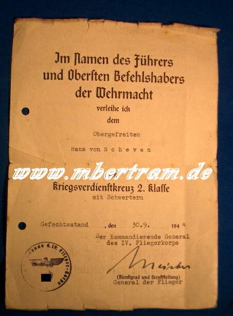 General Meister, RK Träger, Signatur auf KvK Urkunde 1944