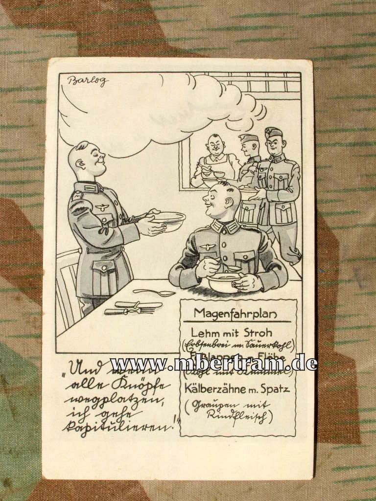 Humoristische Wehrmachts Propaganda Postkarte. Essensplan