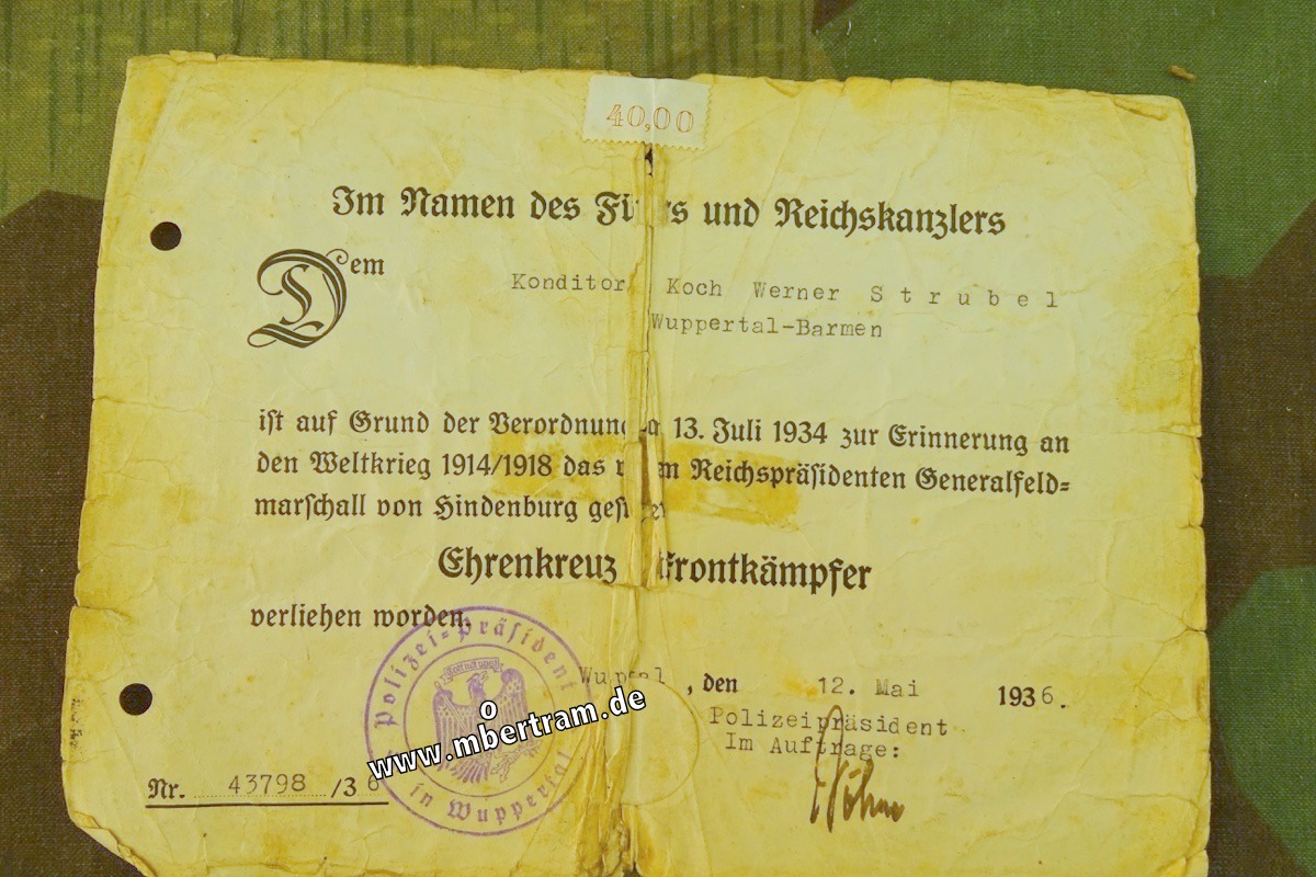 Urkunde für Ehrenkreuz für Frontkämpfer, 1936, Wuppertal, Werner St.
