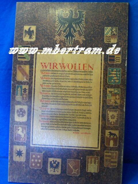 Holztafel, Wappen dt. Städte u. Zitaten A. Hitlers 1933