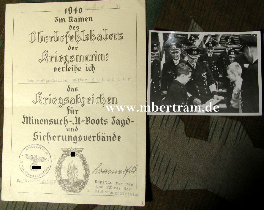 Verleihungsurkunde Minensuchabzeichen, Orig.Signatur