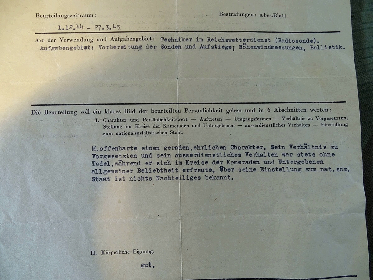 Wehrmachts Beurteilungsschreiben für einen Luftwaffen Unteroffizier, Reichswetterdienst, Ballistiker, März 1945!!