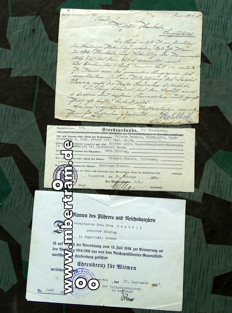 Urkunde für Ehrenkreuz für Witwen, Wuppertal, 1935, u. Gefallenenschreiben