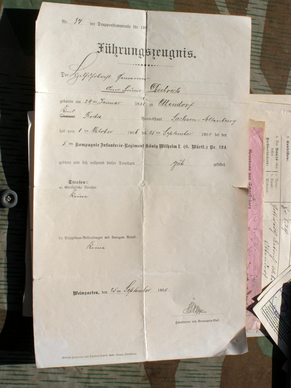 12447-7 Dokumente: Hilfs Hoboist, 6. Würtemb.Inf. Rgt. No. 124