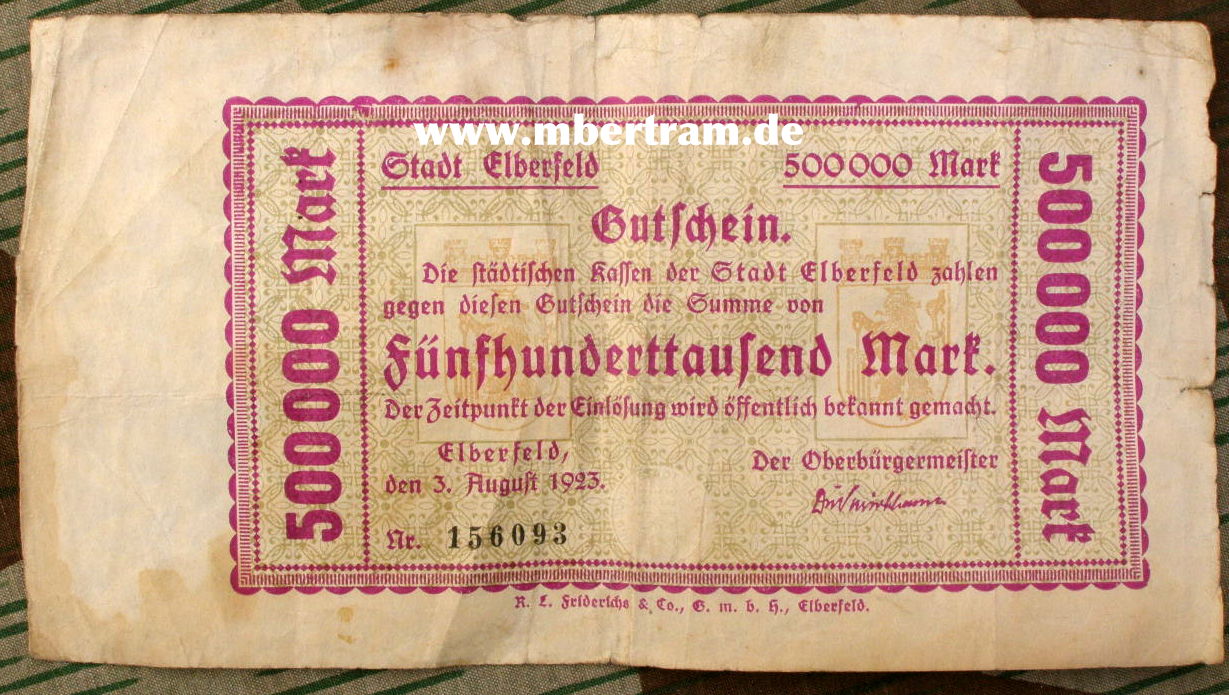 Gutschein der Stadt Elberfeld über 500.000 RM 1923