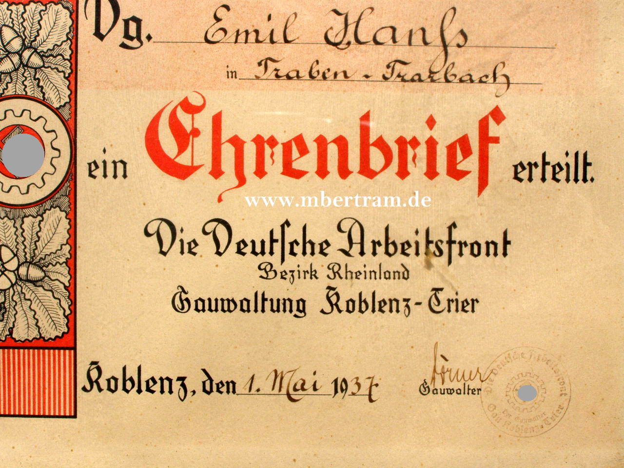 Urkunde DAF Gau 10 Koblenz Trier, Traben Trabach 1937