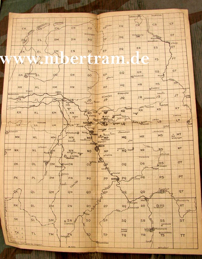 8443-1 Luftkriegskarte mit Einflugquadranten Raum Düsseldorf