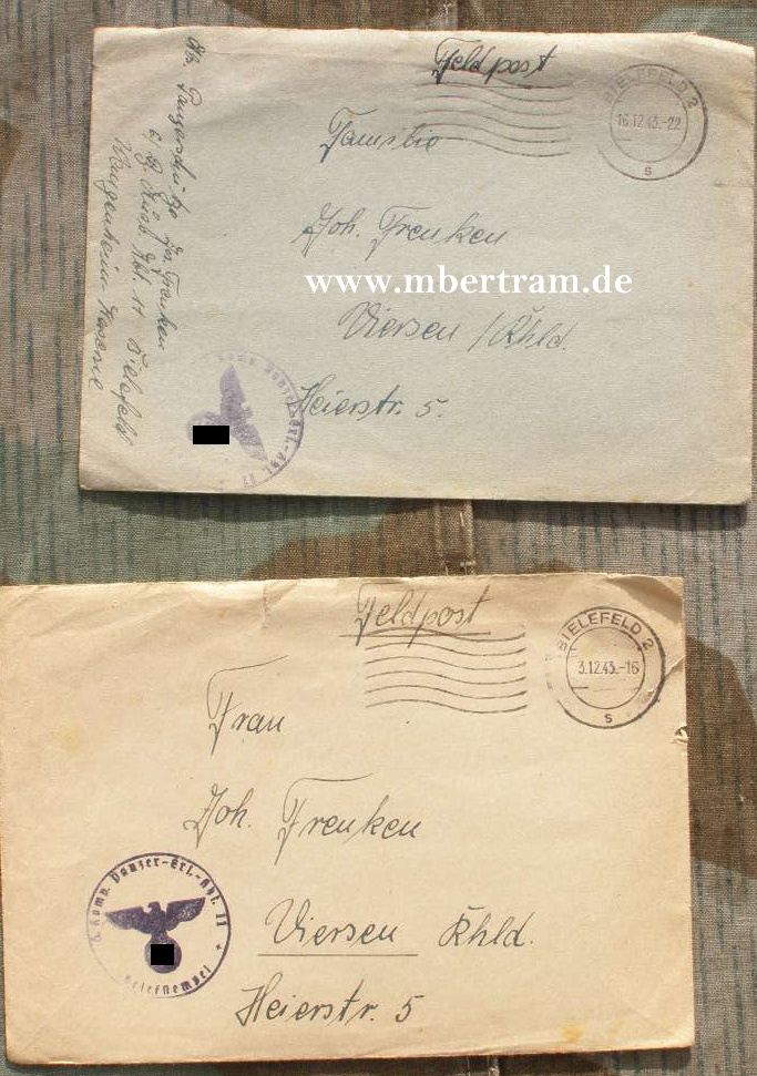 2 Feldpostbriefe 6. Kp.. Panzer Ers.Abt.11 Bielefeld, 1943