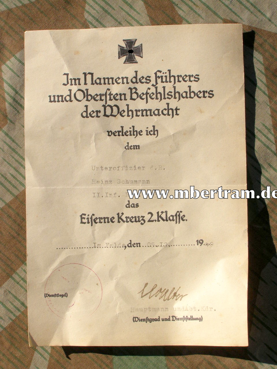 Replik: Urkunde für Eisernes Kreuz 2. Klasse 1939