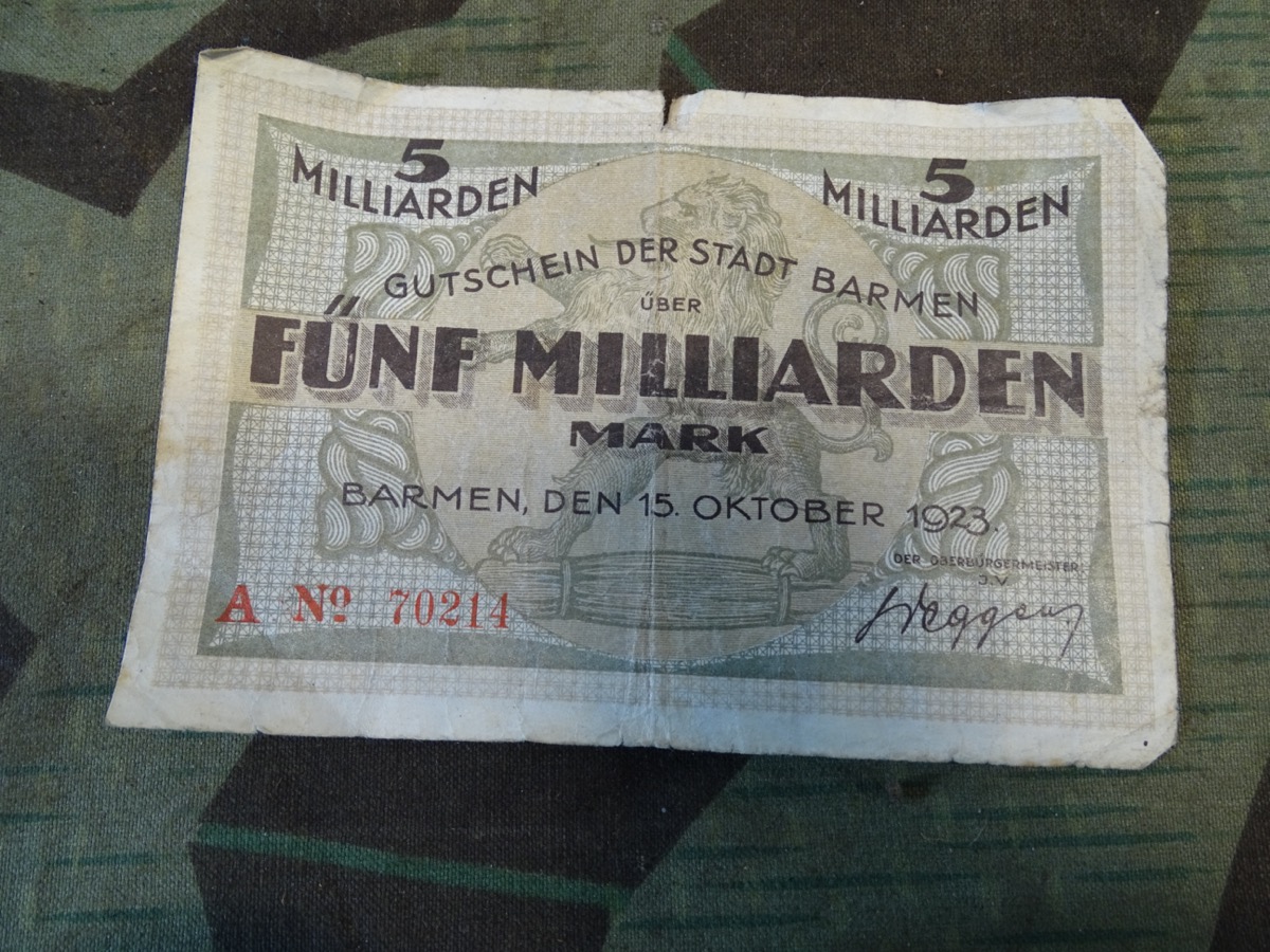 Geldschein 5 Milliarden, Satdt Barmen ( Wuppertal ) Okt. 1923
