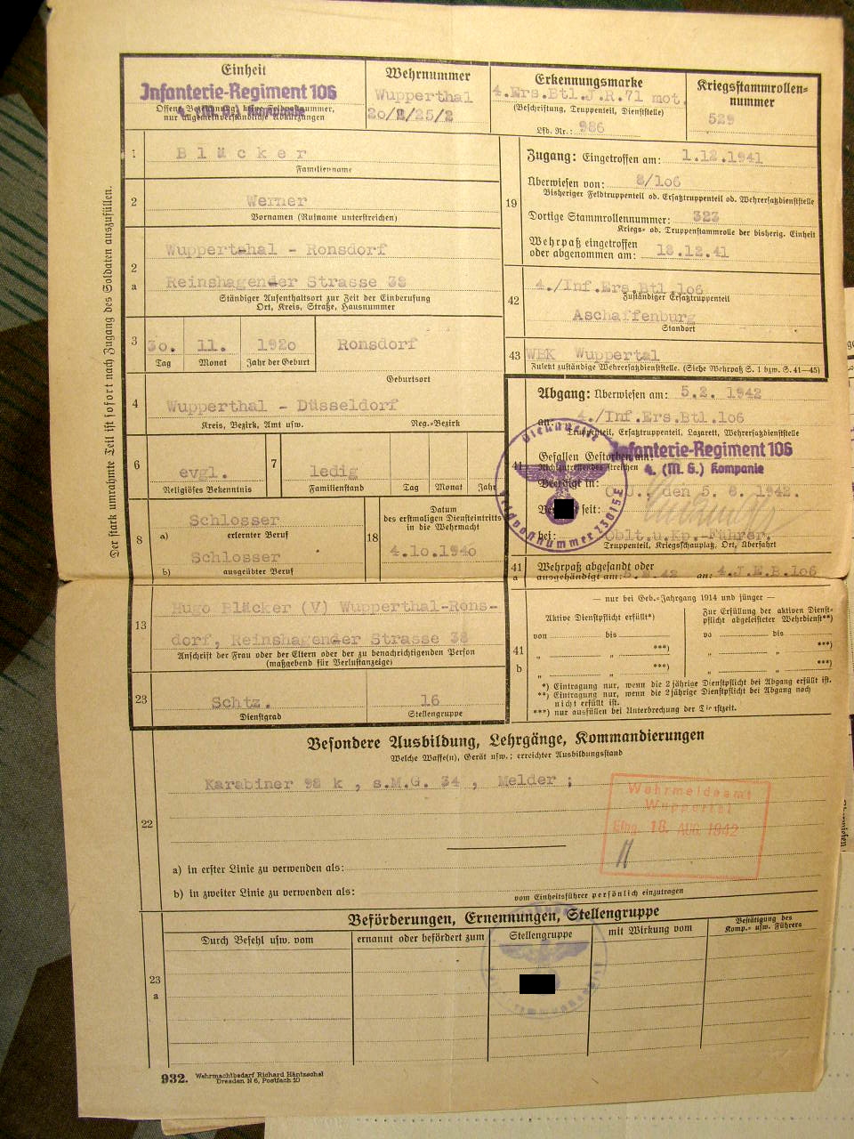 624-19 Wehrstammbuch Nahkpf Ausbildung, Pz.Vern.abz.,EK2, NkSp.