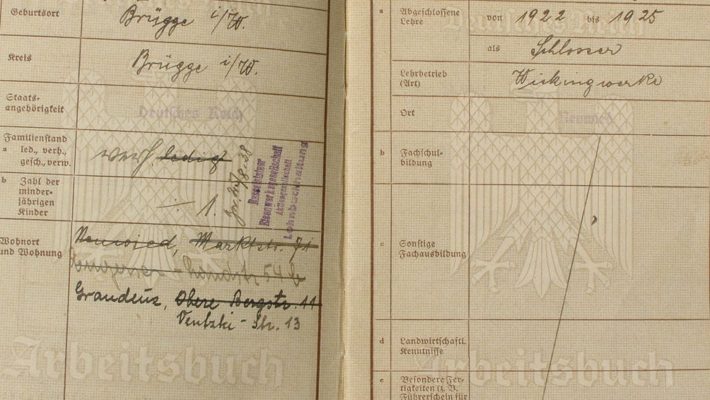Arbeitsbuch Deutsches Reich . M 1933-39. Schlosser