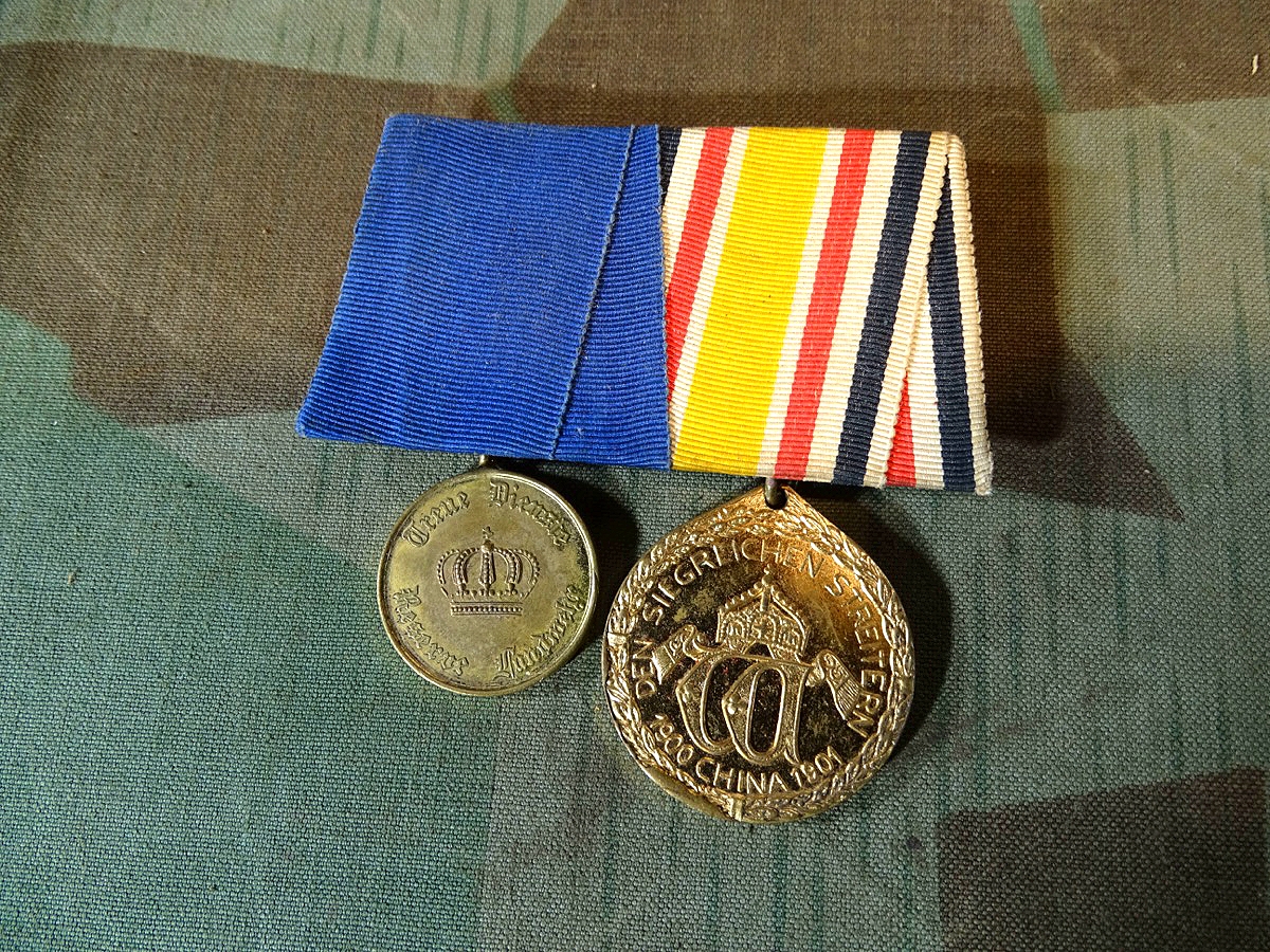 2er Ordensspange China-Denkmünze 1901 für Kämpfer, Landwehr Dienstauszeichnung 2. Klasse