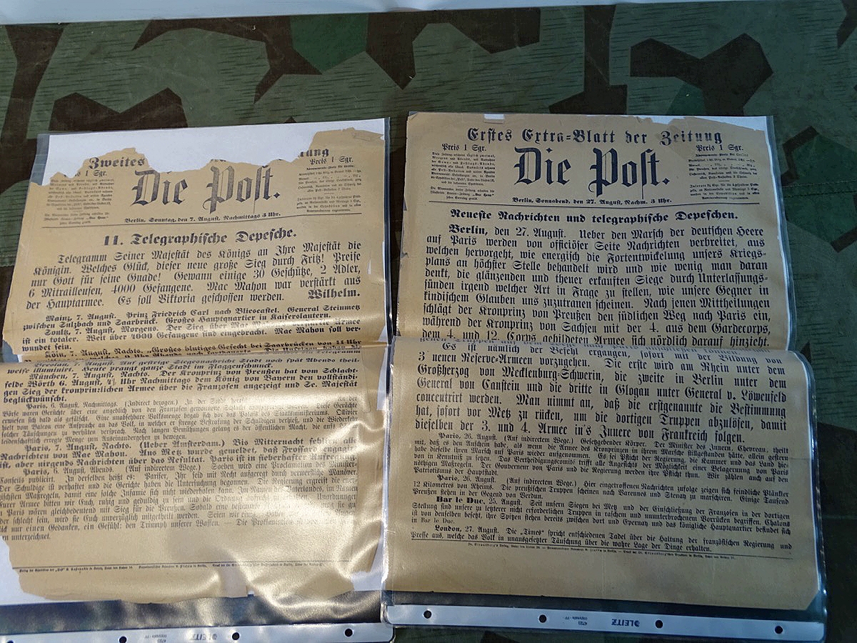 2 Originalausgaben "Die Post - Telegraphische Depesche" - Sonder Eilmeldungen über den Verlauf des Krieges 1870/71