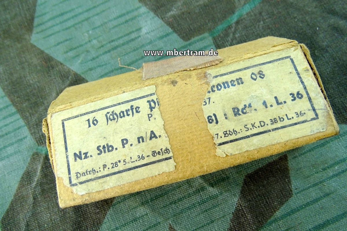 Wehrmacht Patronenschachtel für 16 scharfe Pistolenpatronen 08 um 1936