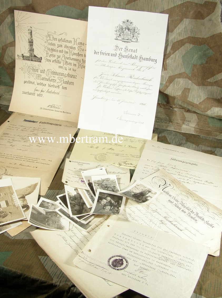 Urkunden, Fotos: Marinekorps 1.WK, EK1, Hanseatenkr. ...