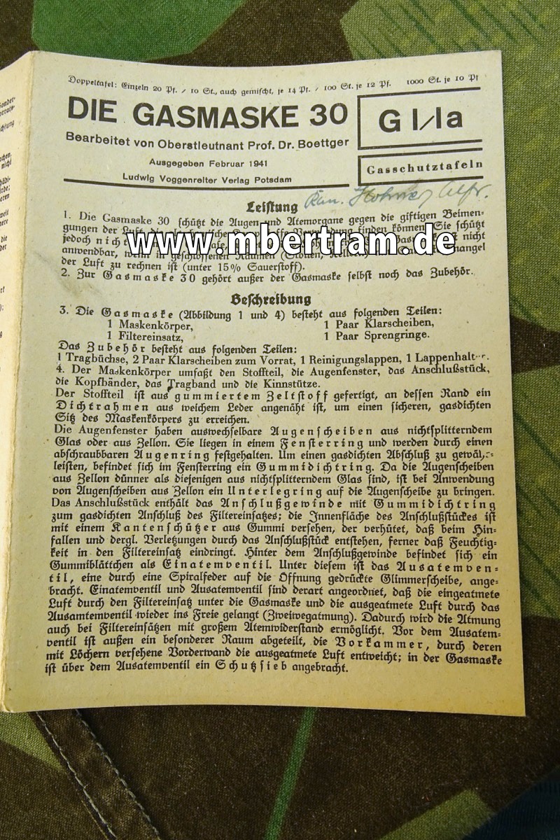 GI /I a Gasschutztafeln, Die Gasmaske 30, 1941