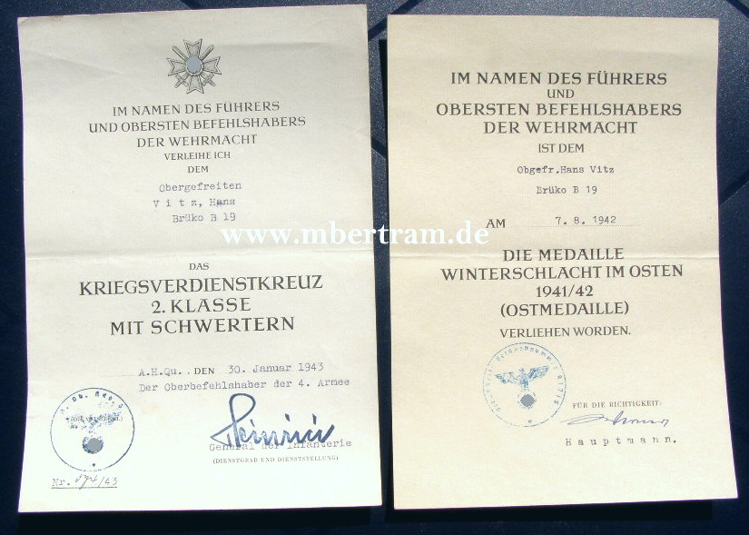 Urkunden Ostmedaille und Kriegsverdienstkreuz 2. Kl. 1939