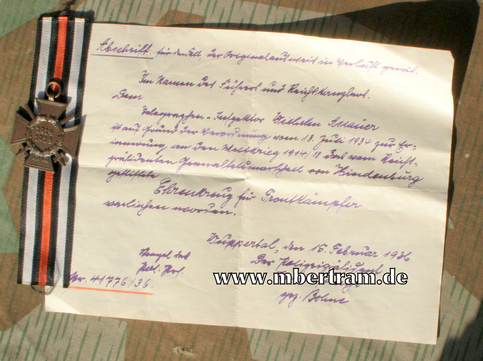 Urkunde für das Ehrenkreuz für Frontkämpfer mit Orden.